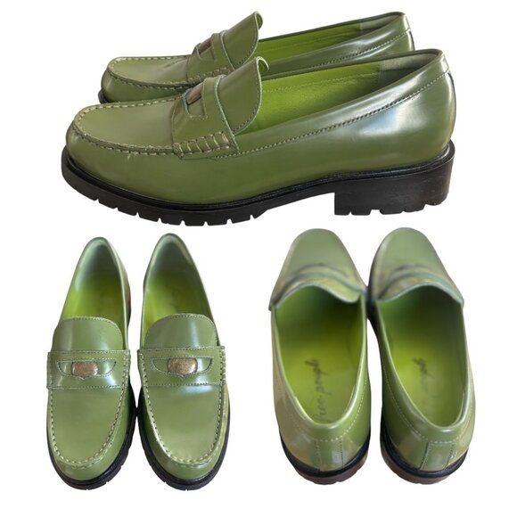 FREE PEOPLE GREEN LEATHER CHUNKY PENNY LOAFERS SIZE 8/38 LIKE NEW - Picture 3 of 6